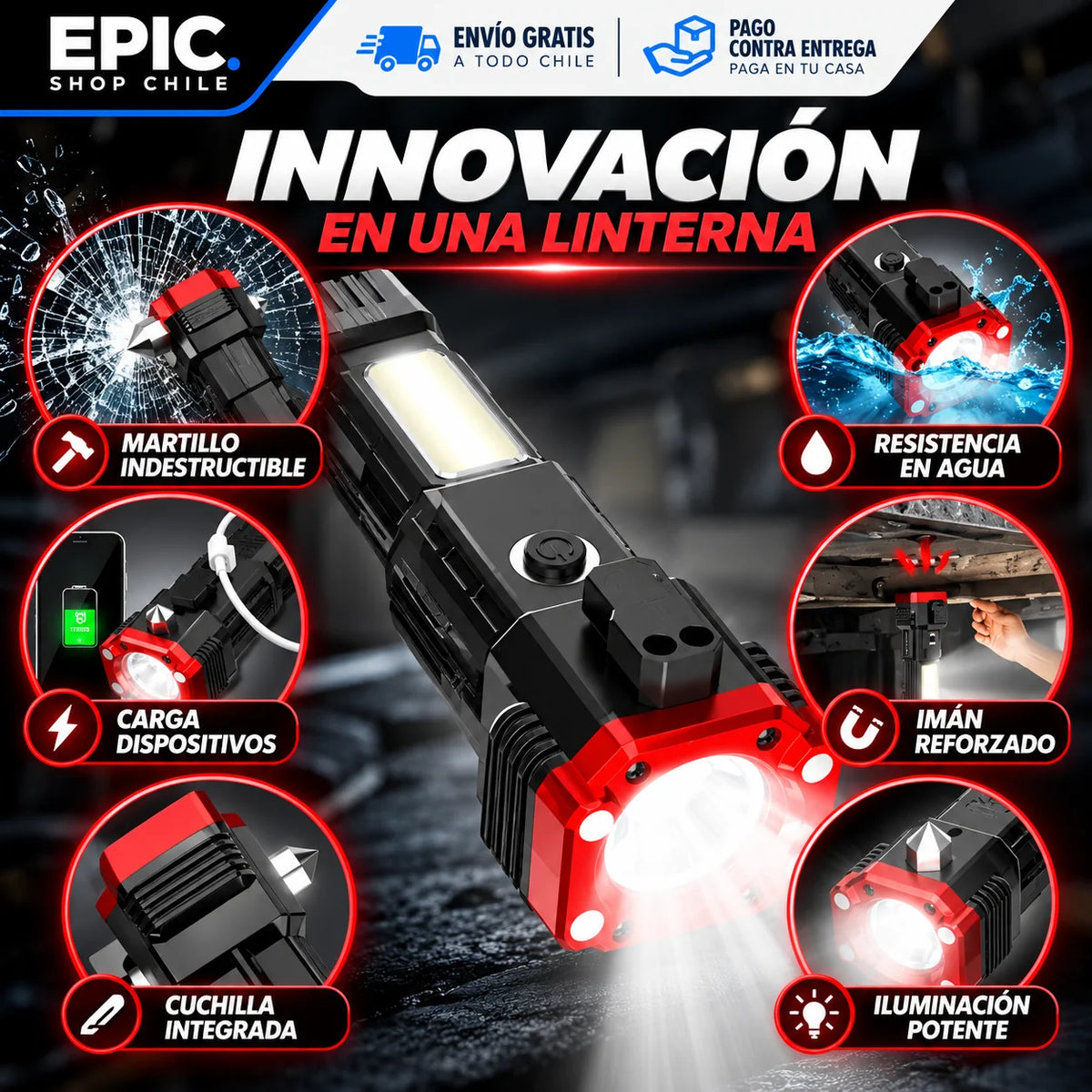 Linterna táctica Multifuncional 4 en 1 Recargable